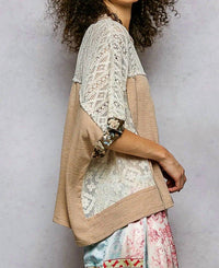 POL Floral Lace Top in multi brown grey - women's blouse - detail view