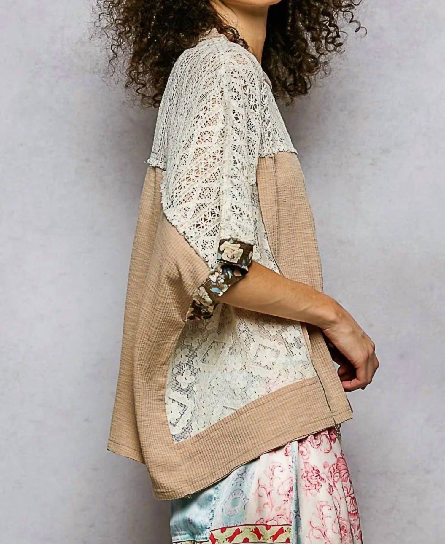 POL Floral Lace Top in multi brown grey - women's blouse - detail view