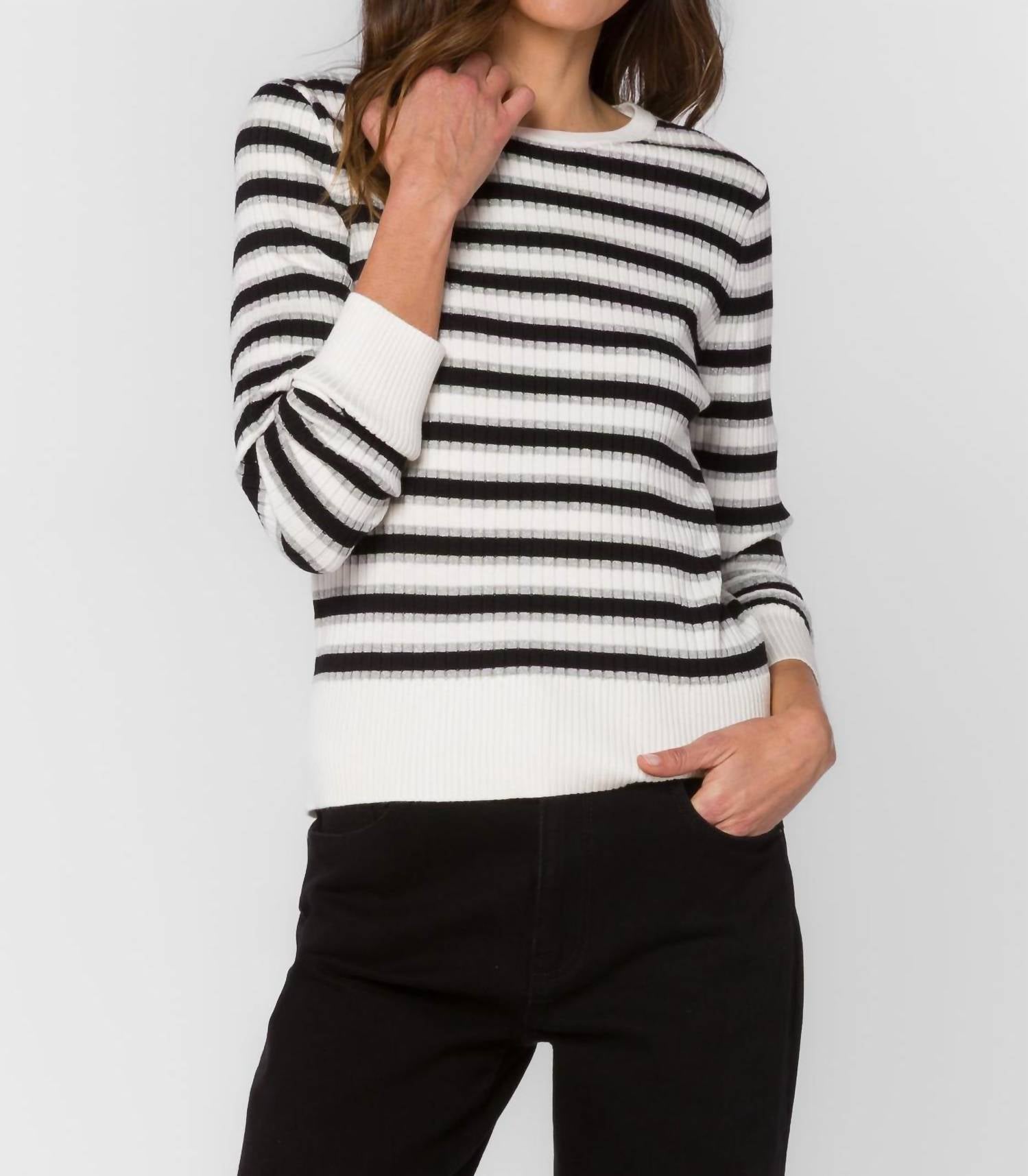 Velvet Heart Janiyah Top in black silver stripe - women's long sleeve top - detail view