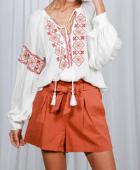 Vine & Love - Tie Neck Tassel Trim Embroidered Bohemian Blouse
