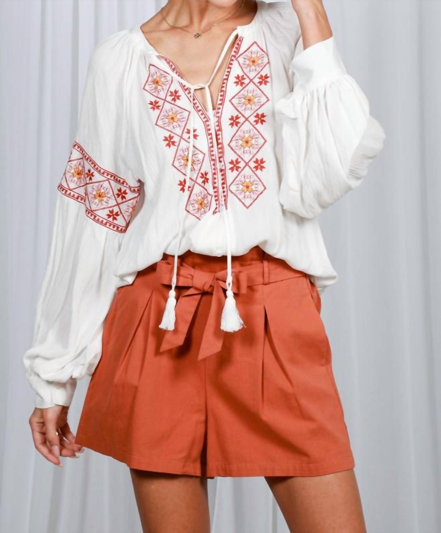 Vine & Love - Tie Neck Tassel Trim Embroidered Bohemian Blouse