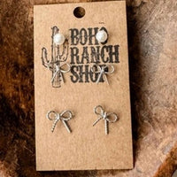 Boho Ranch Women's Coquette Bow & Pearl Stud Earring Set in silver - women's jewelry - detail view