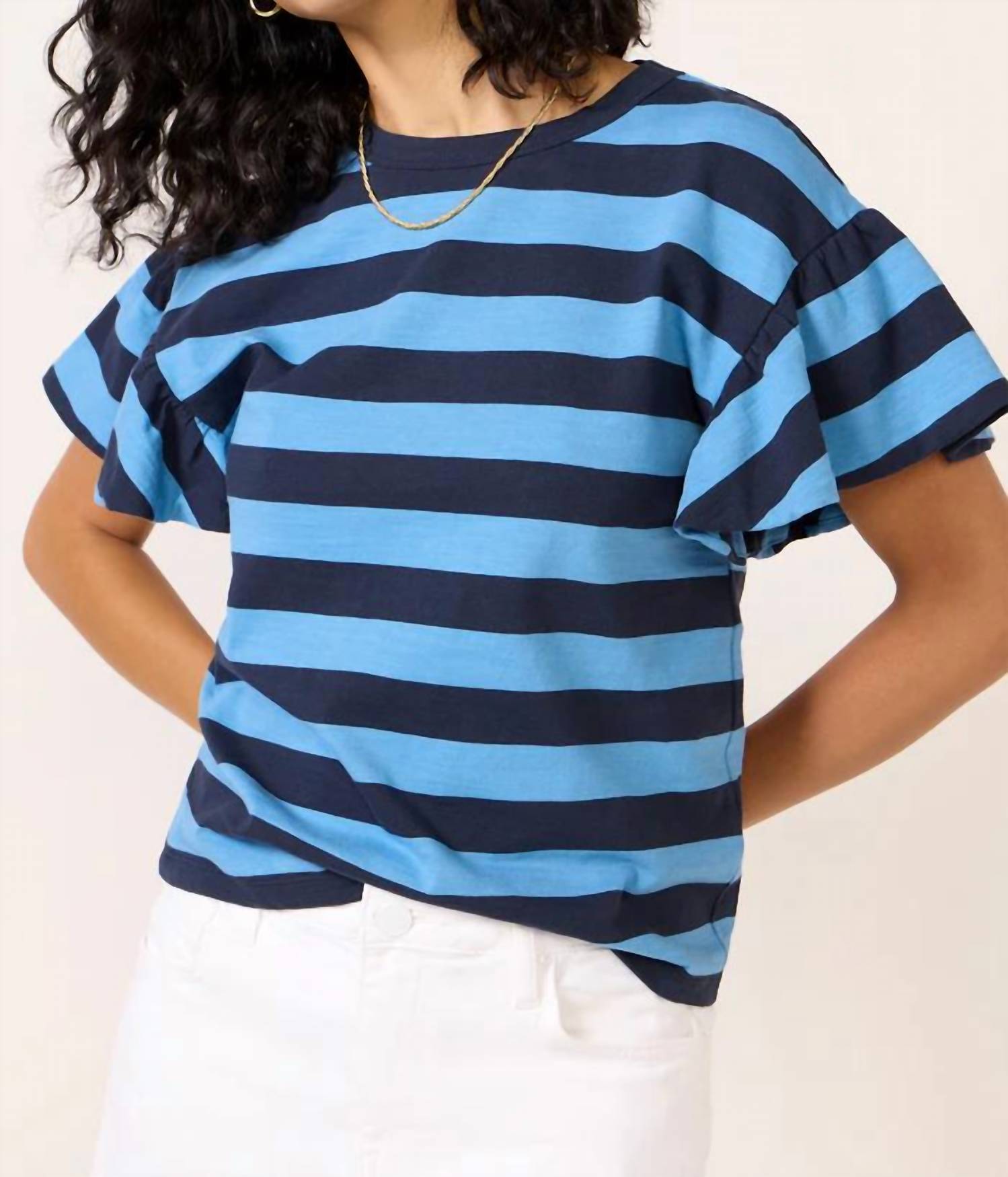 Nation LTD Camille Ruffle Sleeve Tee in rugby stripe - women's t-shirt
