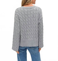 SIX/FIFTY Cable Knit Side Slit Sweater Top in heather grey - women's sweater - detail view