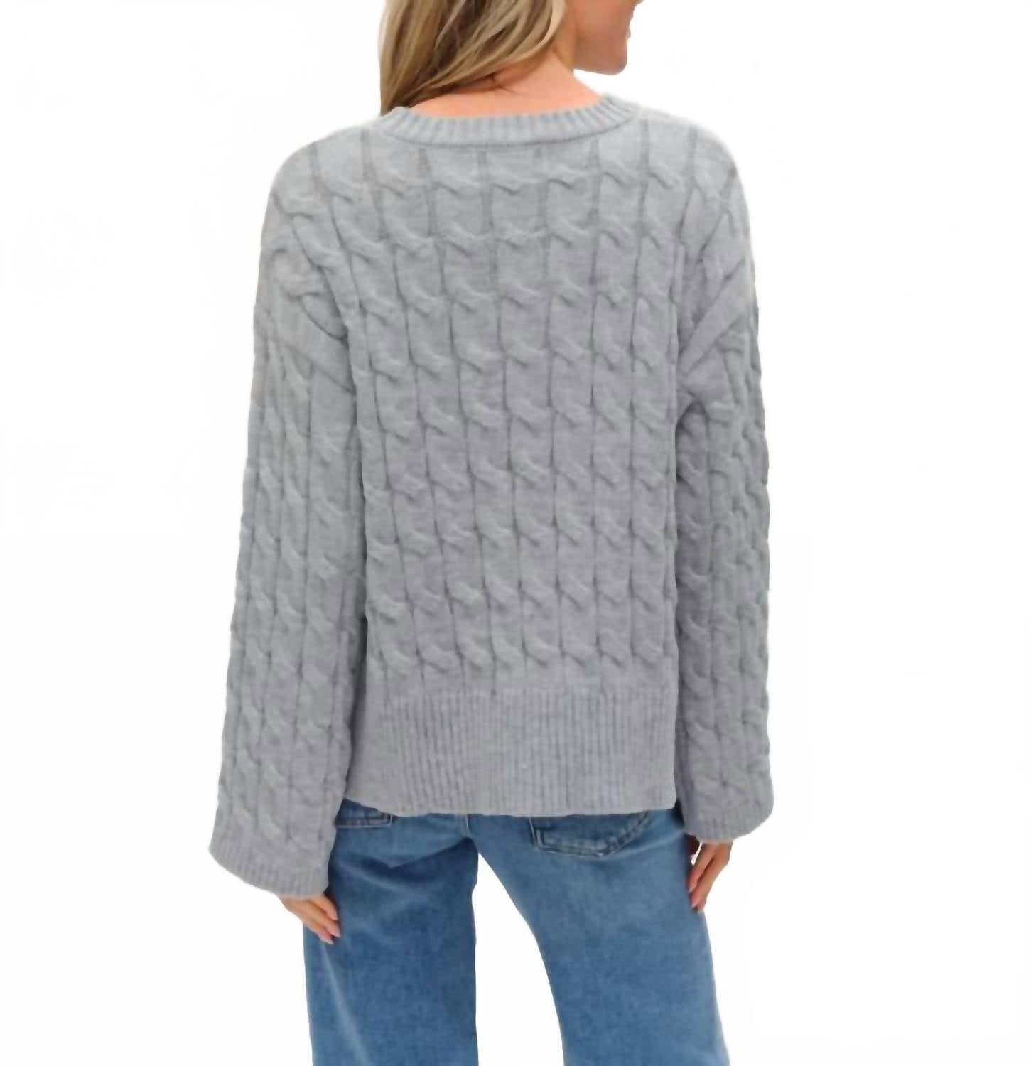 SIX/FIFTY Cable Knit Side Slit Sweater Top in heather grey - women's sweater - detail view