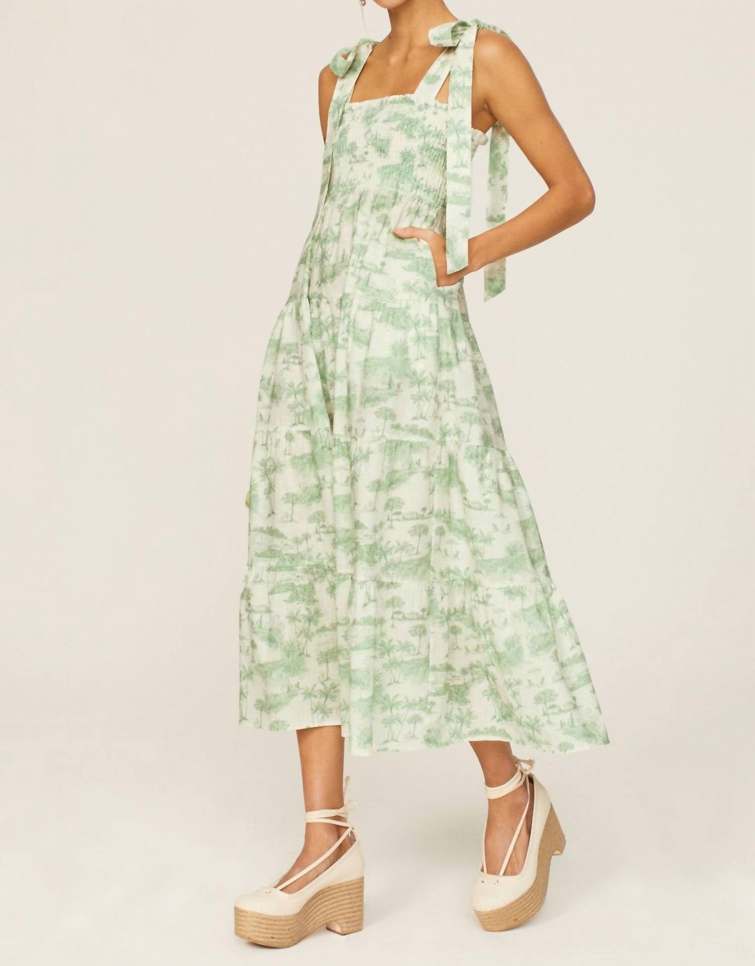 KIVARI Chloe Strappy Shirred Tiered Midi Dress in green - women's dress