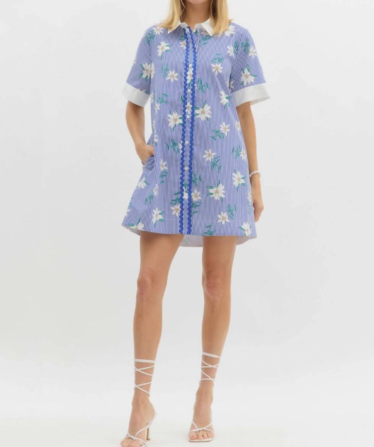 Entro - Striped Floral Print Shirt Mini Dress