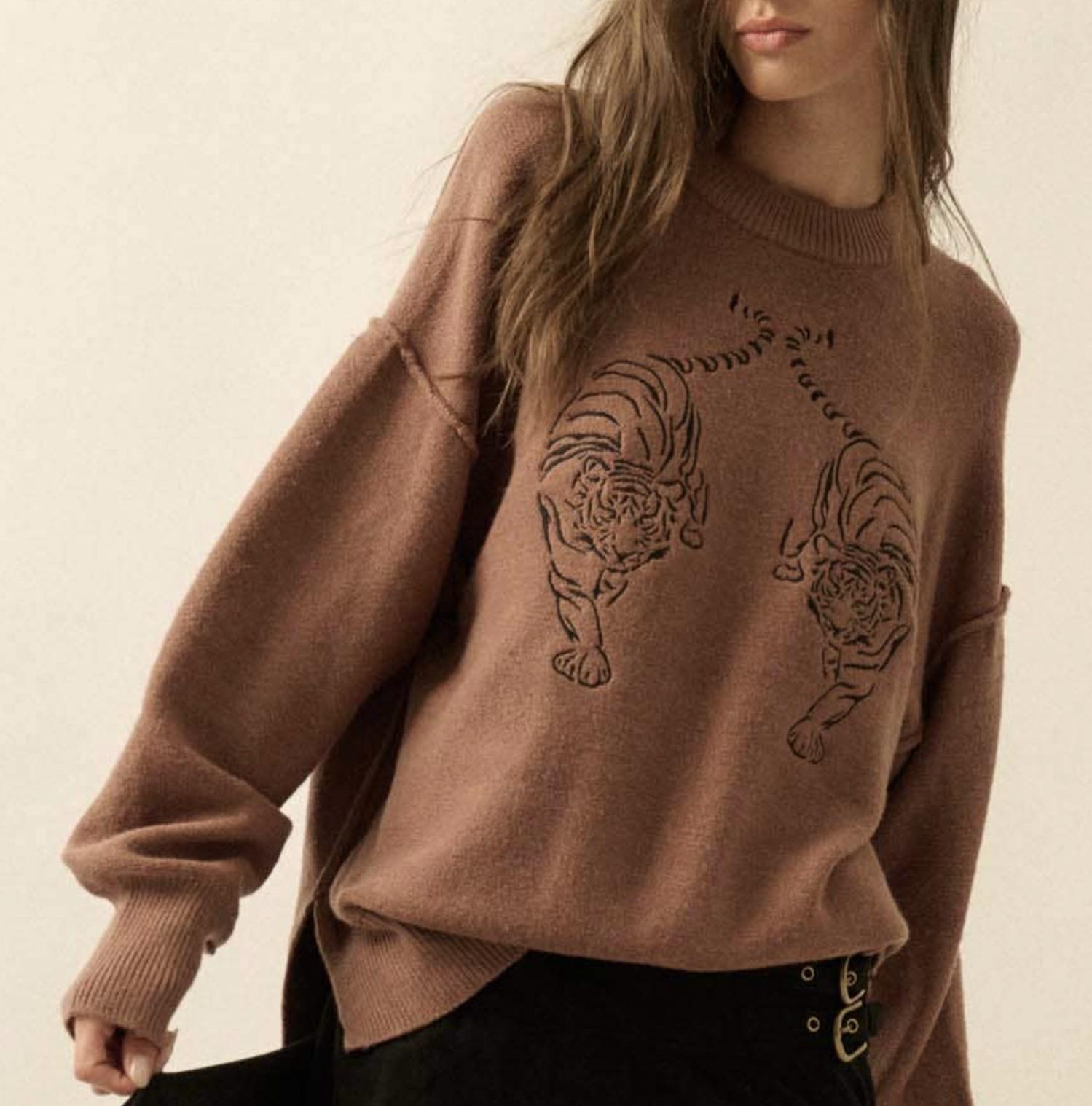 PROMESA Embroidered Tigers Sweater in brown - women's sweater