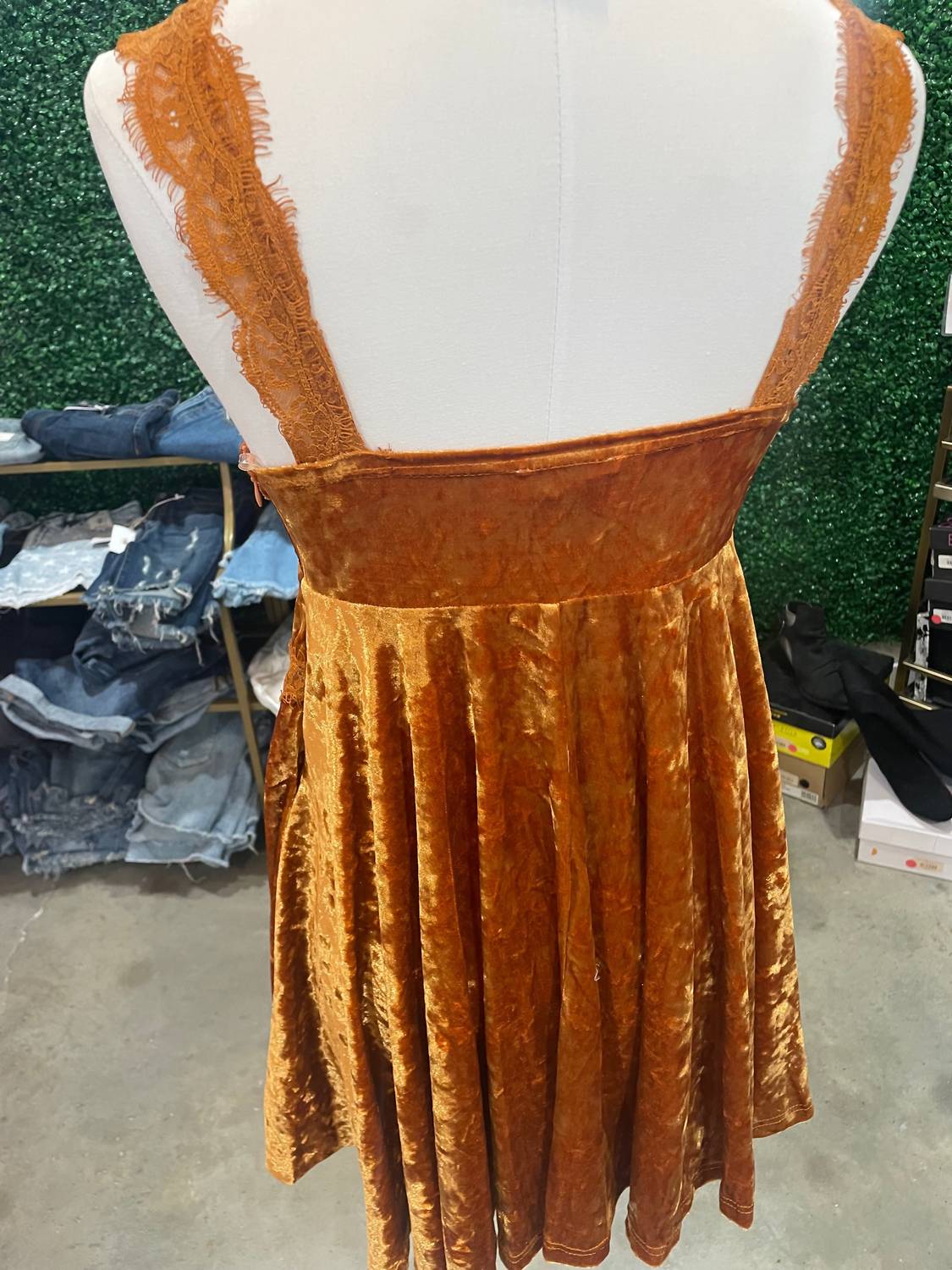 Entro - Pumpkin Velvet and Lace Dress