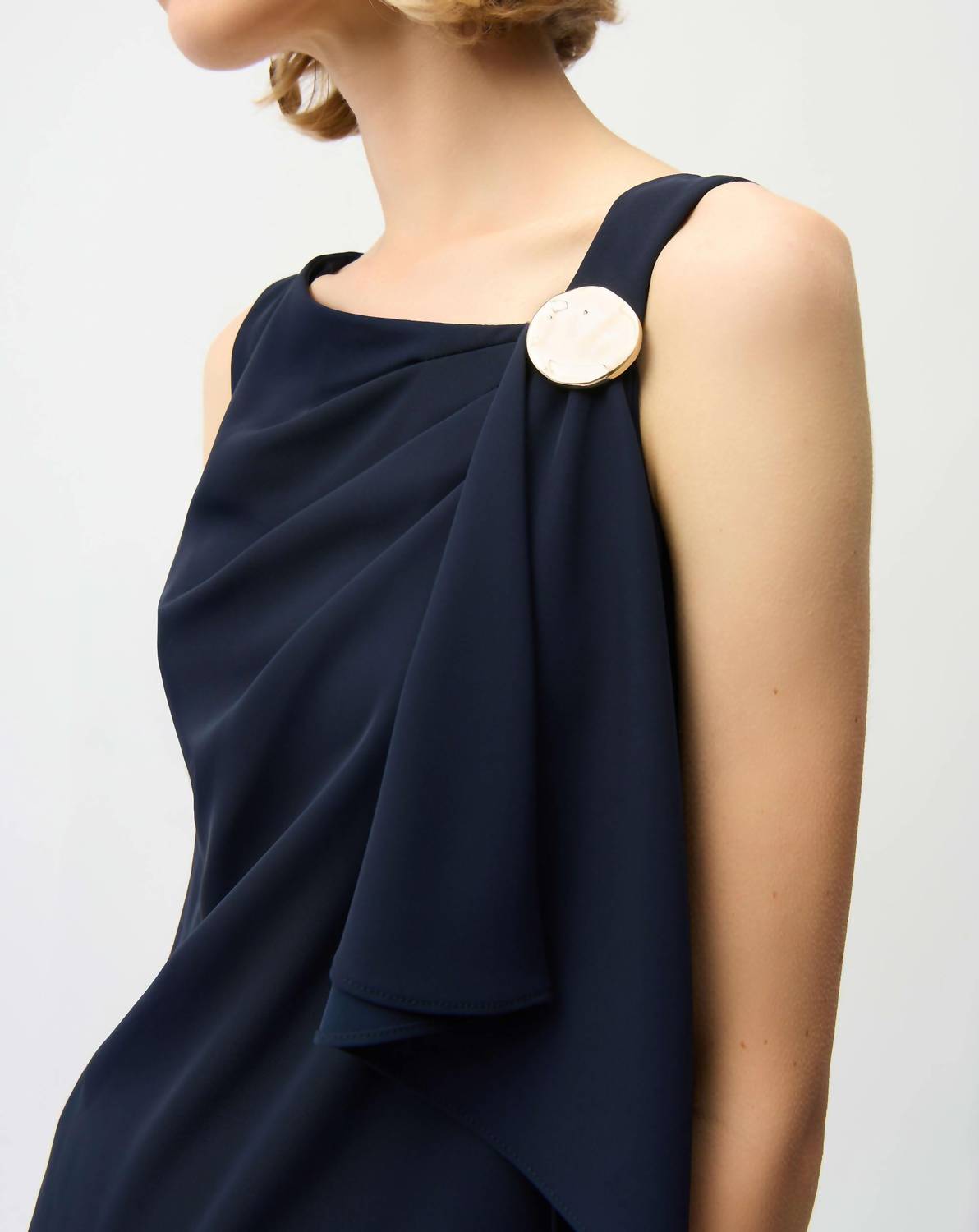 Joseph Ribkoff Woven Twill Shift Dress with Asymmetrical Neckline in midnight blue - women's dress - alternate view