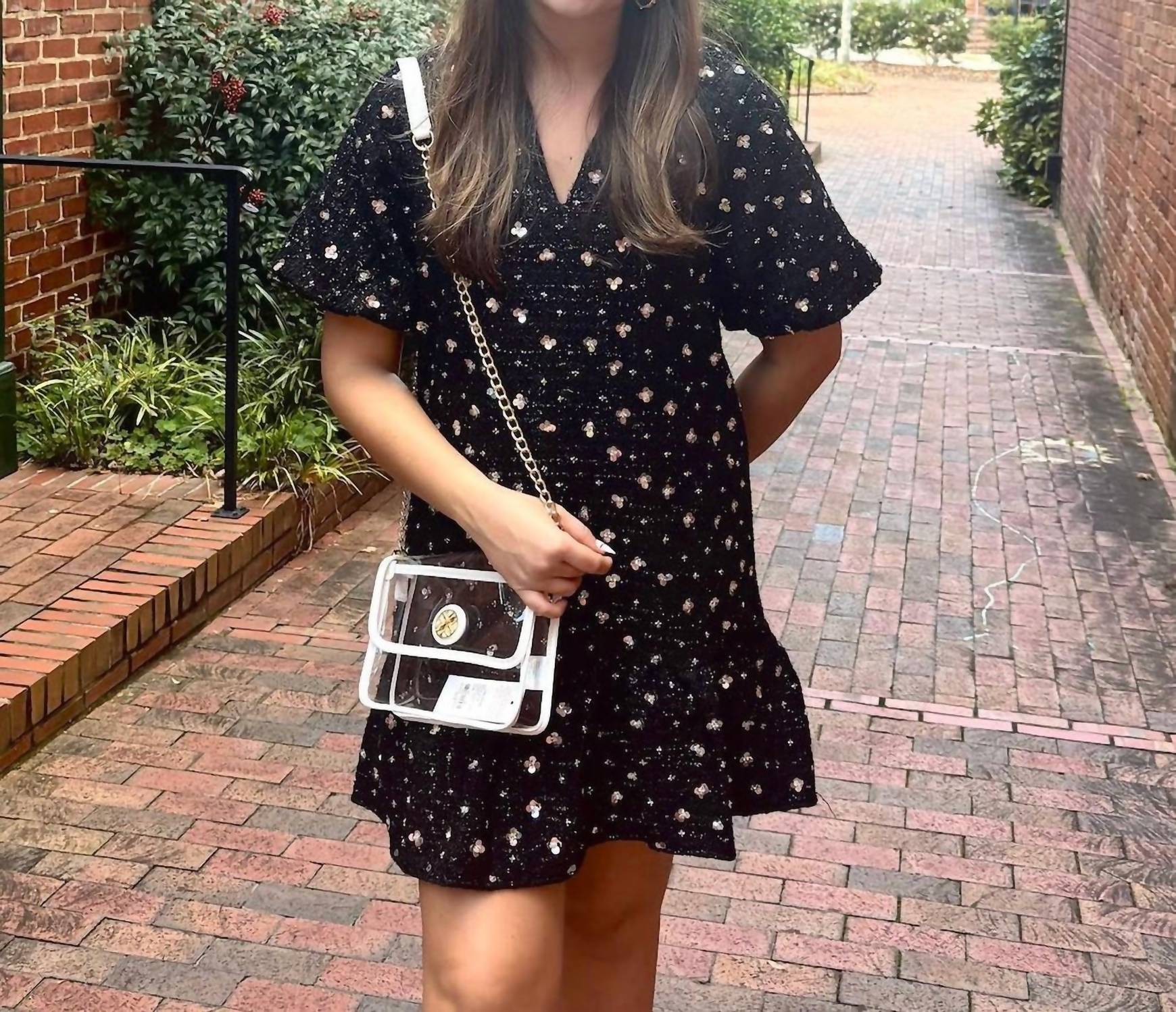 THML Puff Sleeve Sequin Dress in black - women's dress
