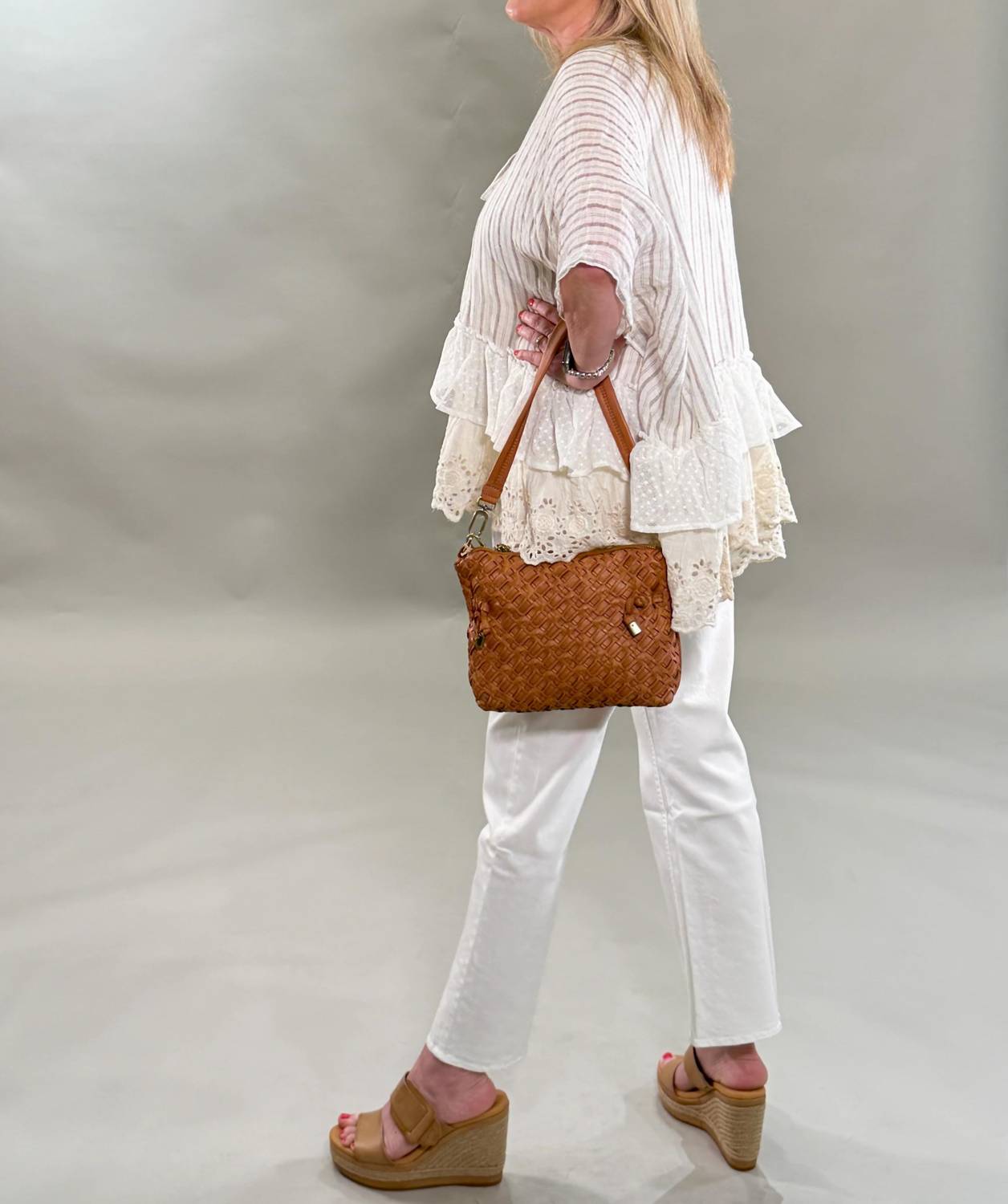 Pol - Striped Eyelet Ruffle Poncho Top
