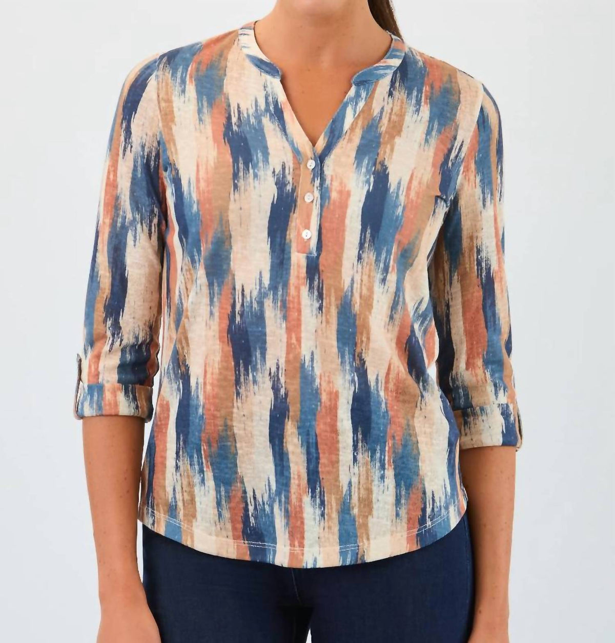 Fdj - 3/4 Sleeve Henley Top, Botany Patchwork