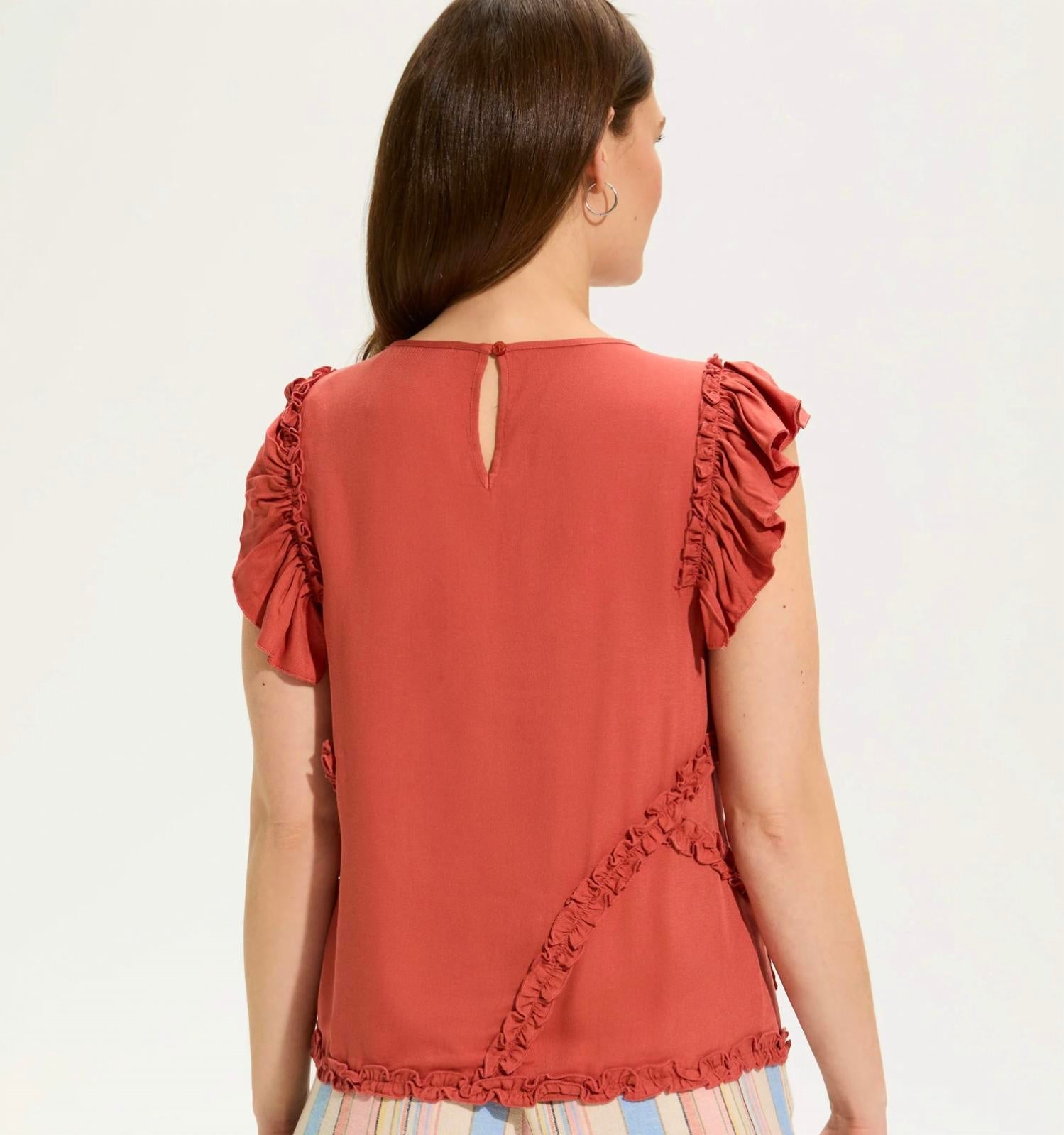 Fdj - Embelished Flutter Sleeve Top - clothing - orange - shirts