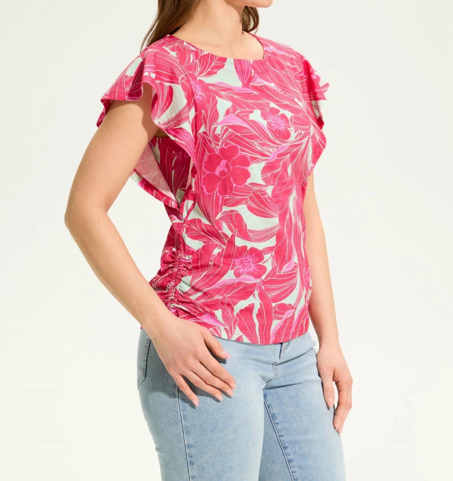 Fdj - Flutter Sleeve Side Ruche Top - blouses - clothing - floral