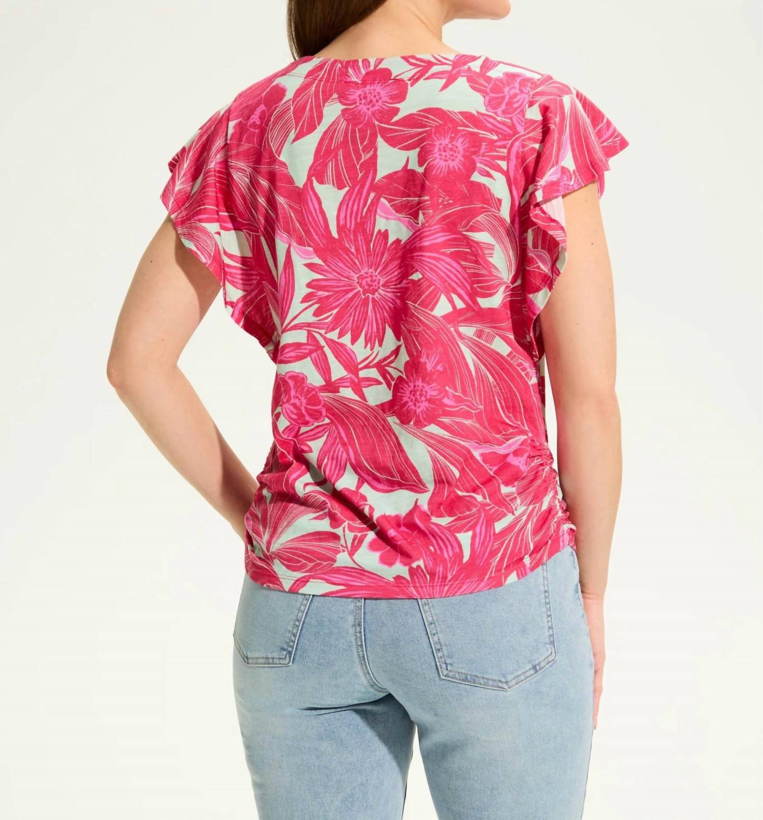 Fdj - Flutter Sleeve Side Ruche Top - blouses - clothing - floral