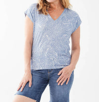 Fdj - Printed cap sleeve v - neck top - blue - clothing - shirts