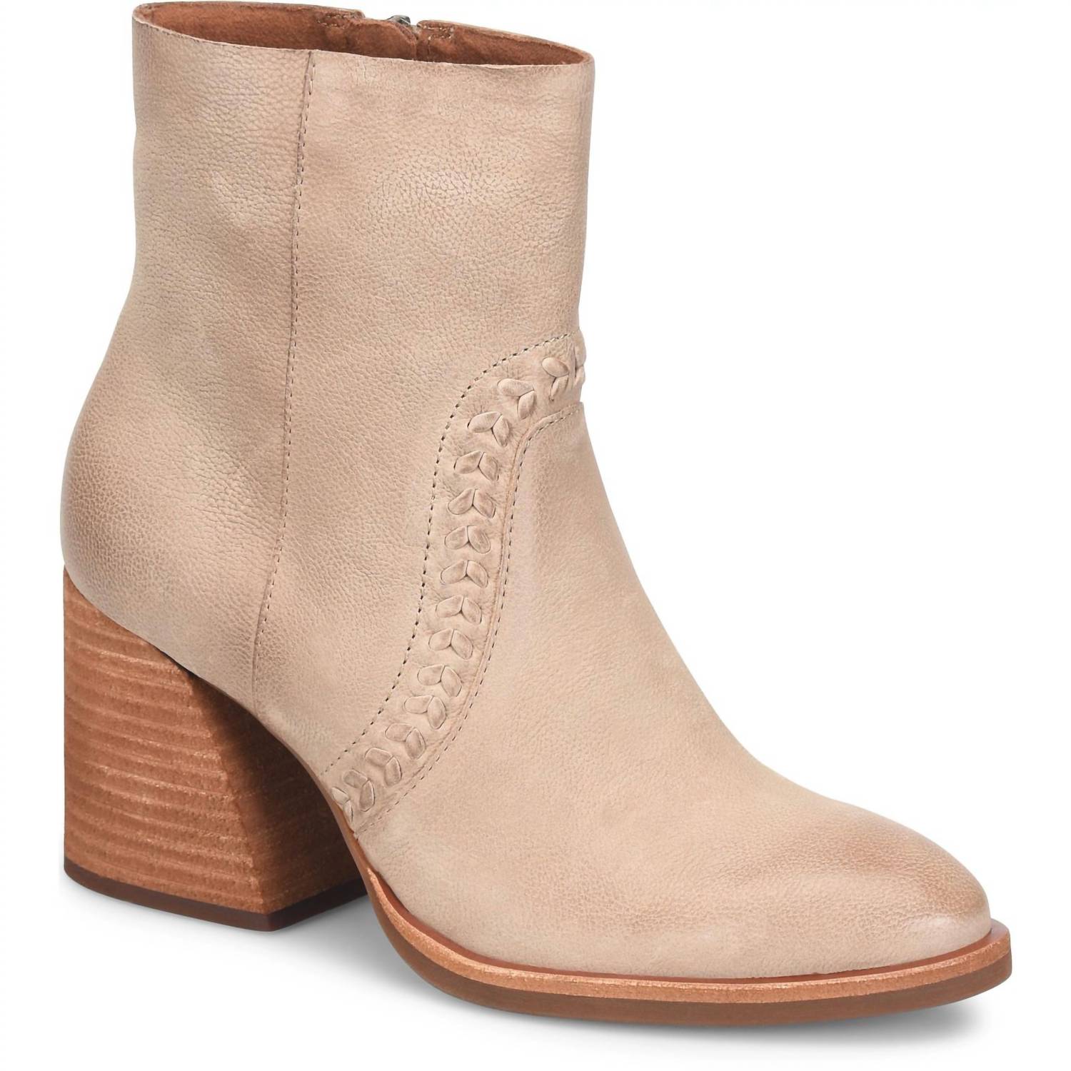 KORK-EASE Women's Shilo Leather Block Heel Booties in taupe - women's shoe - detail view