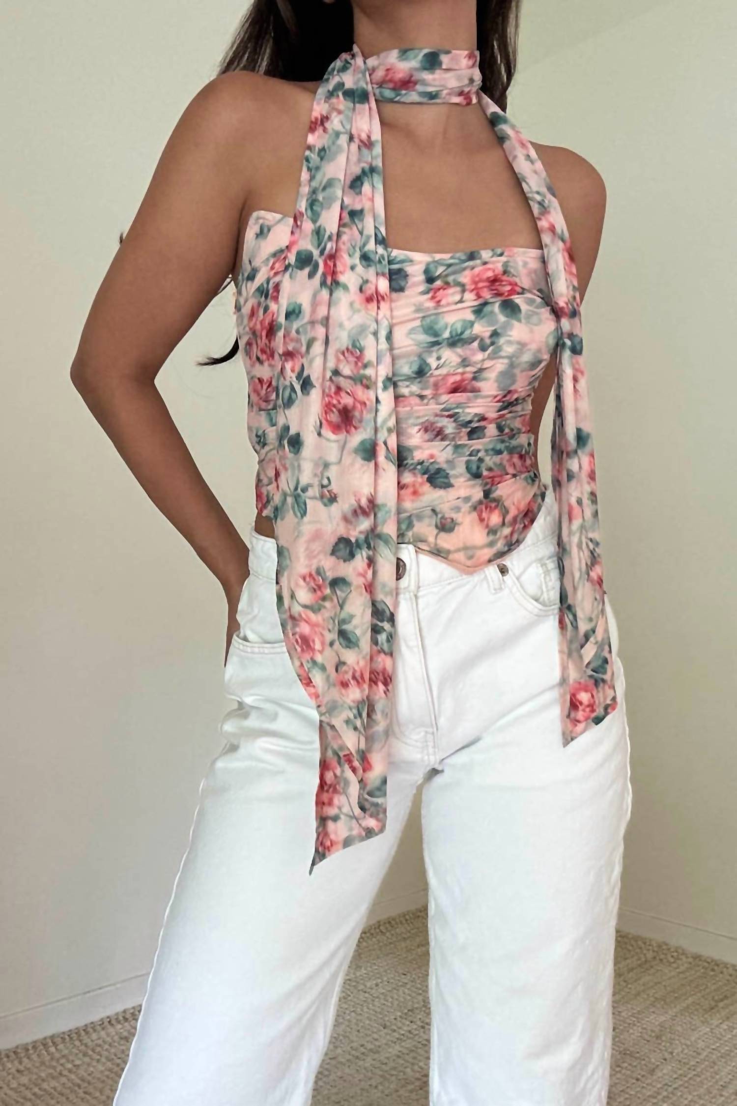 SALTY Champagne Campaign Floral Bustier Top in pink - women's shirt