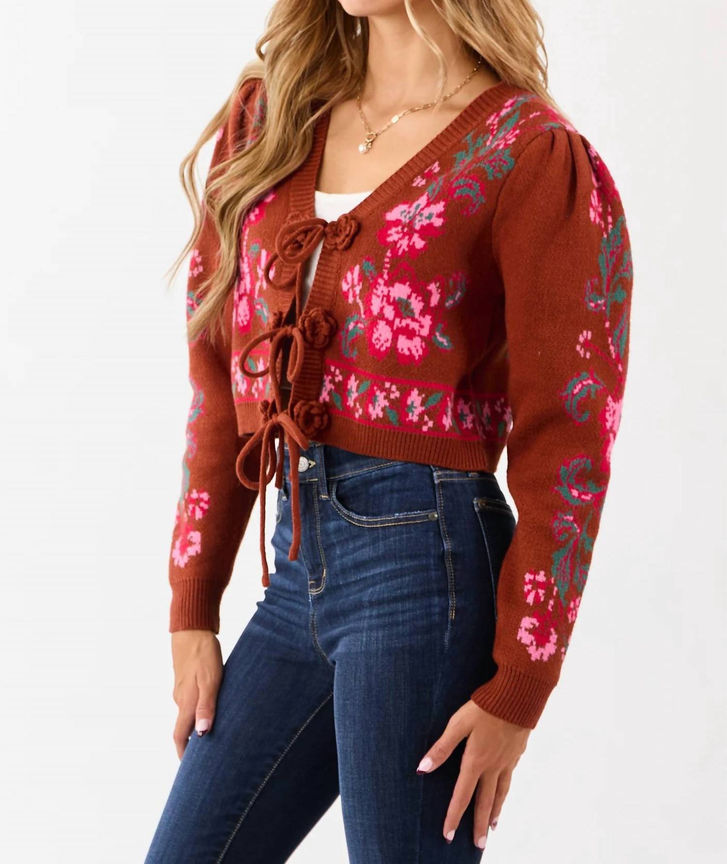&Merci - Floral Knit Tie-front Cropped Sweater Cardigan