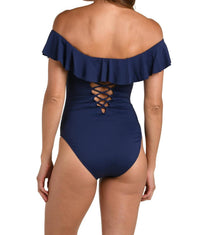 La Blanca Island Goddess Off Shoulder Ruffle One Piece Swimsuit in indigo - women's swimwear - detail view