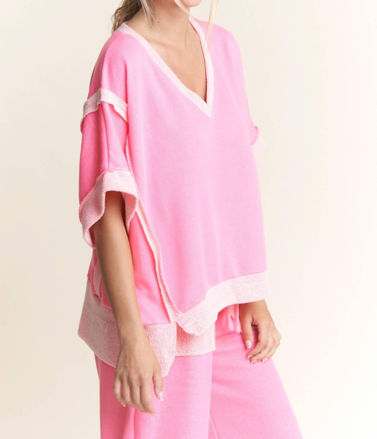 J.Her - Loopterry V-neck Relaxed Fit Half Sleeve Top