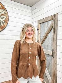 STORIA Daisy Peplum Cardigan Top in brown - women's cardigan - detail view