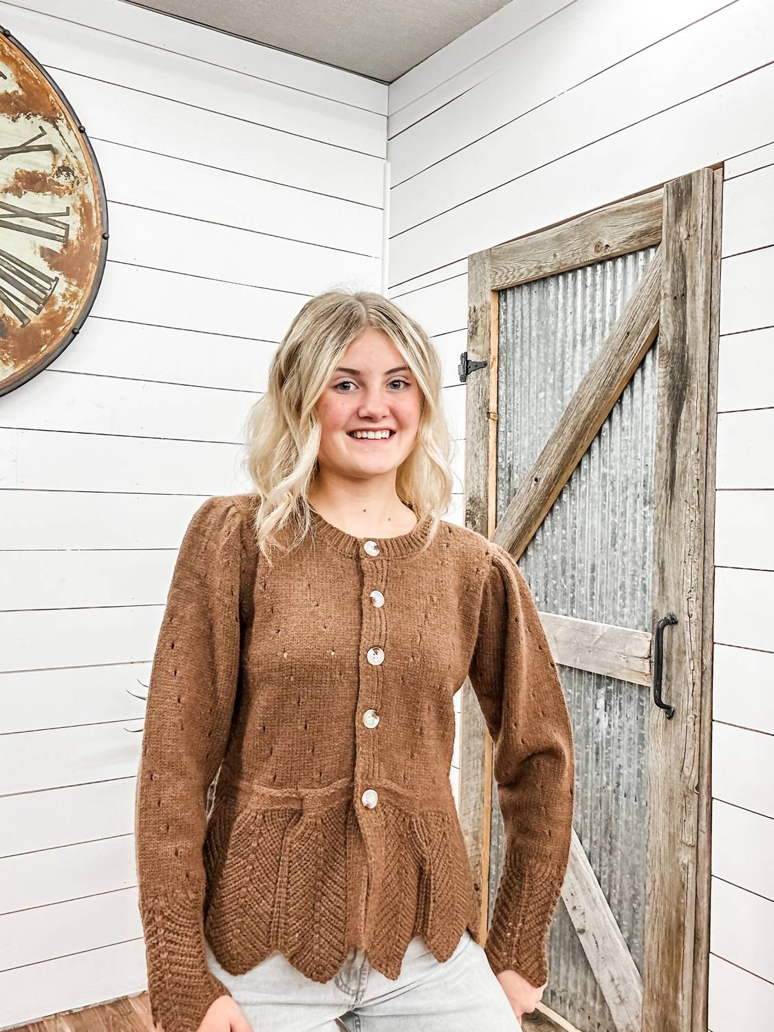 STORIA Daisy Peplum Cardigan Top in brown - women's cardigan - detail view