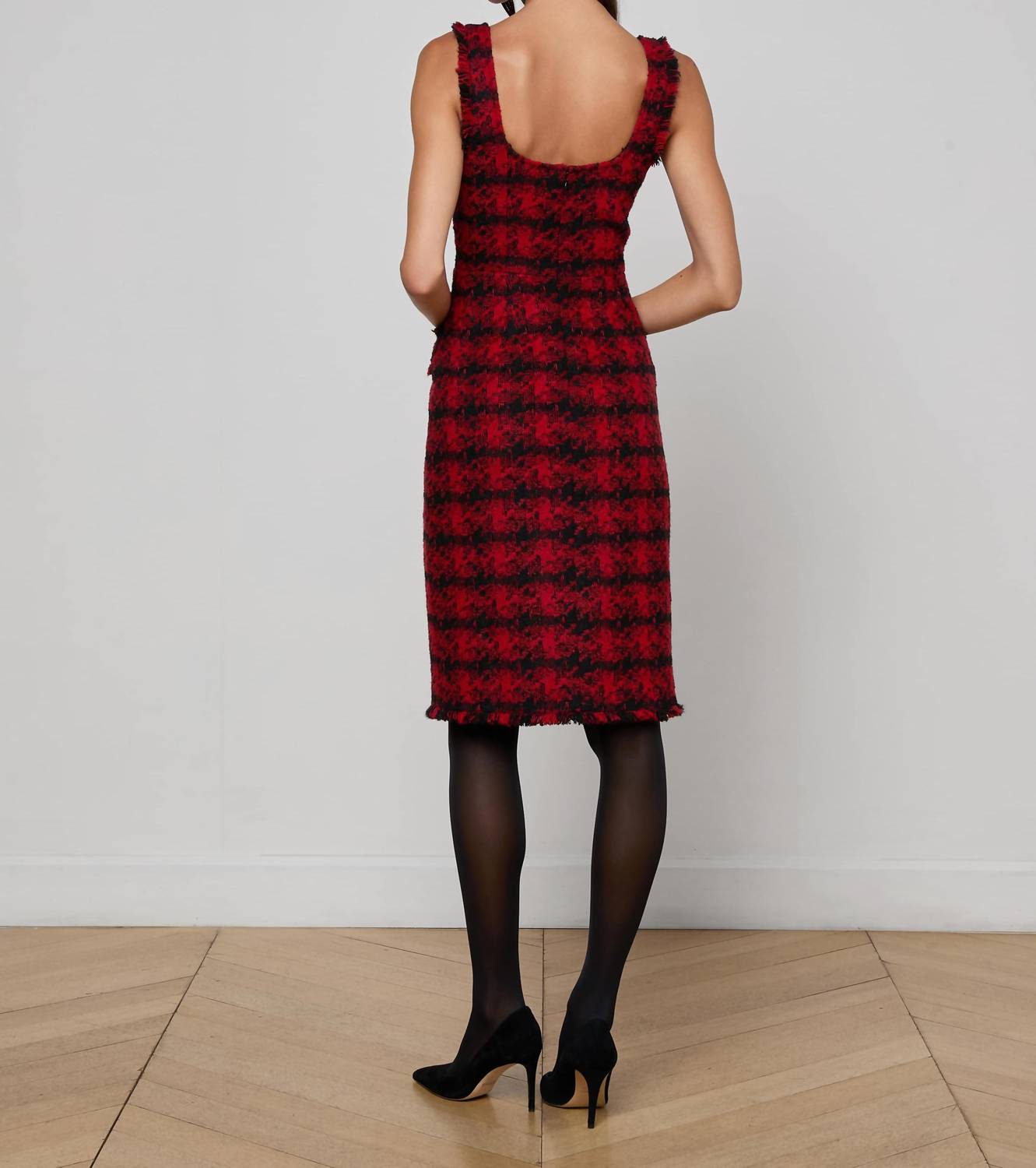 L'Agence Aya Tweed Midi Dress in red black houndstooth - women's dress - alternate view