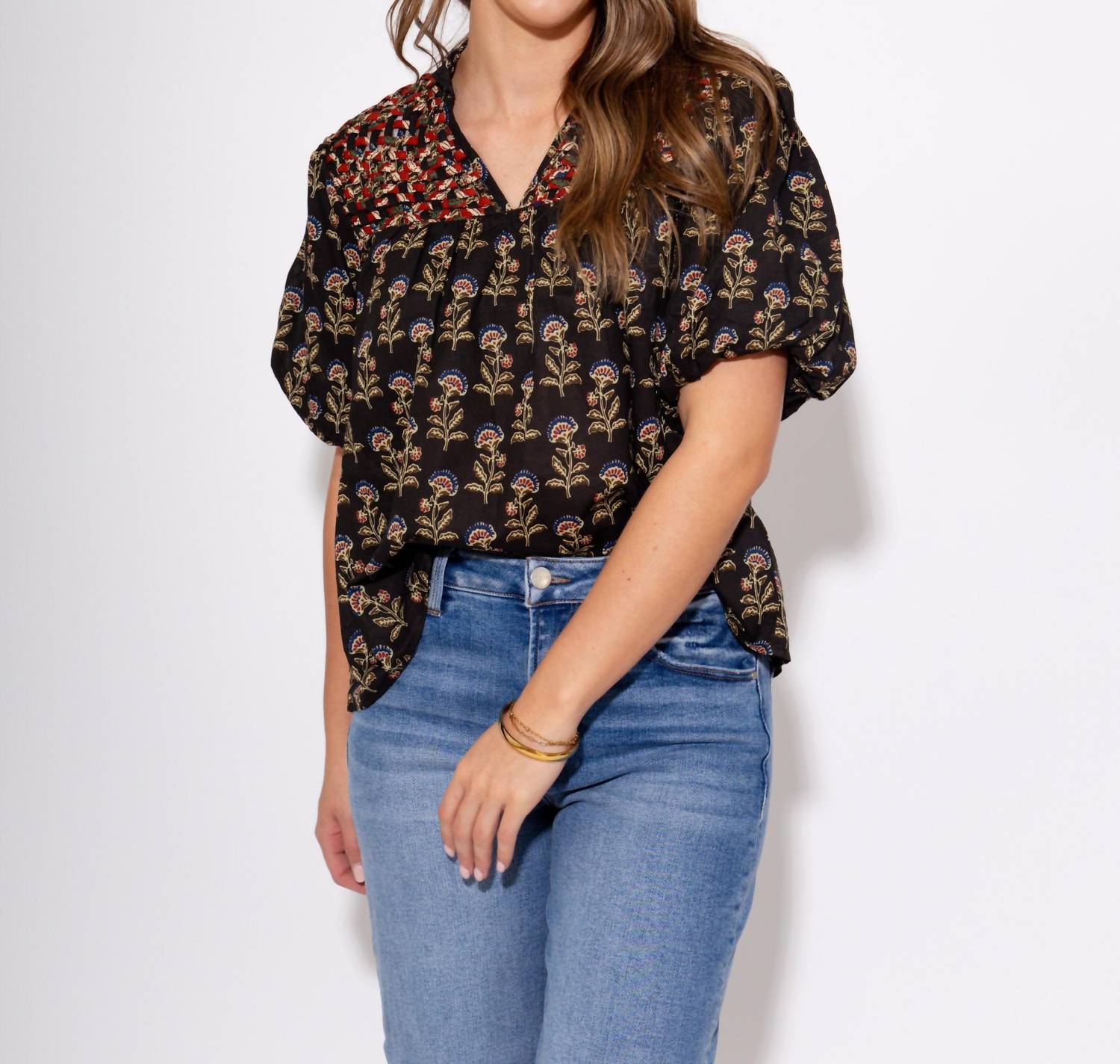 Thml - Woven Detail Floral Puff Sleeve Top