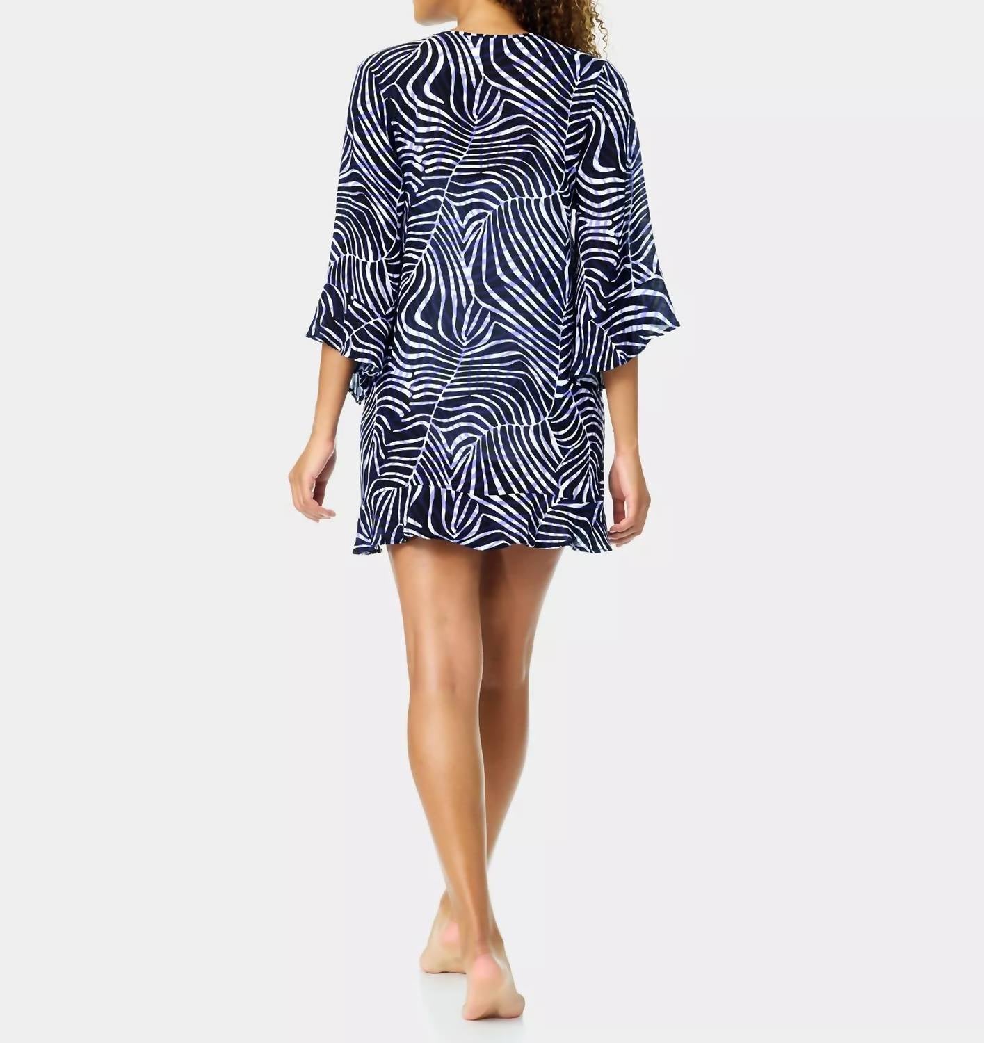 Anne Cole Flounce Zebra Printed Cover Up in blue white - women's swimwear - detail view