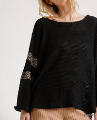 Umgee - Leopard Trim Waffle Knit Top