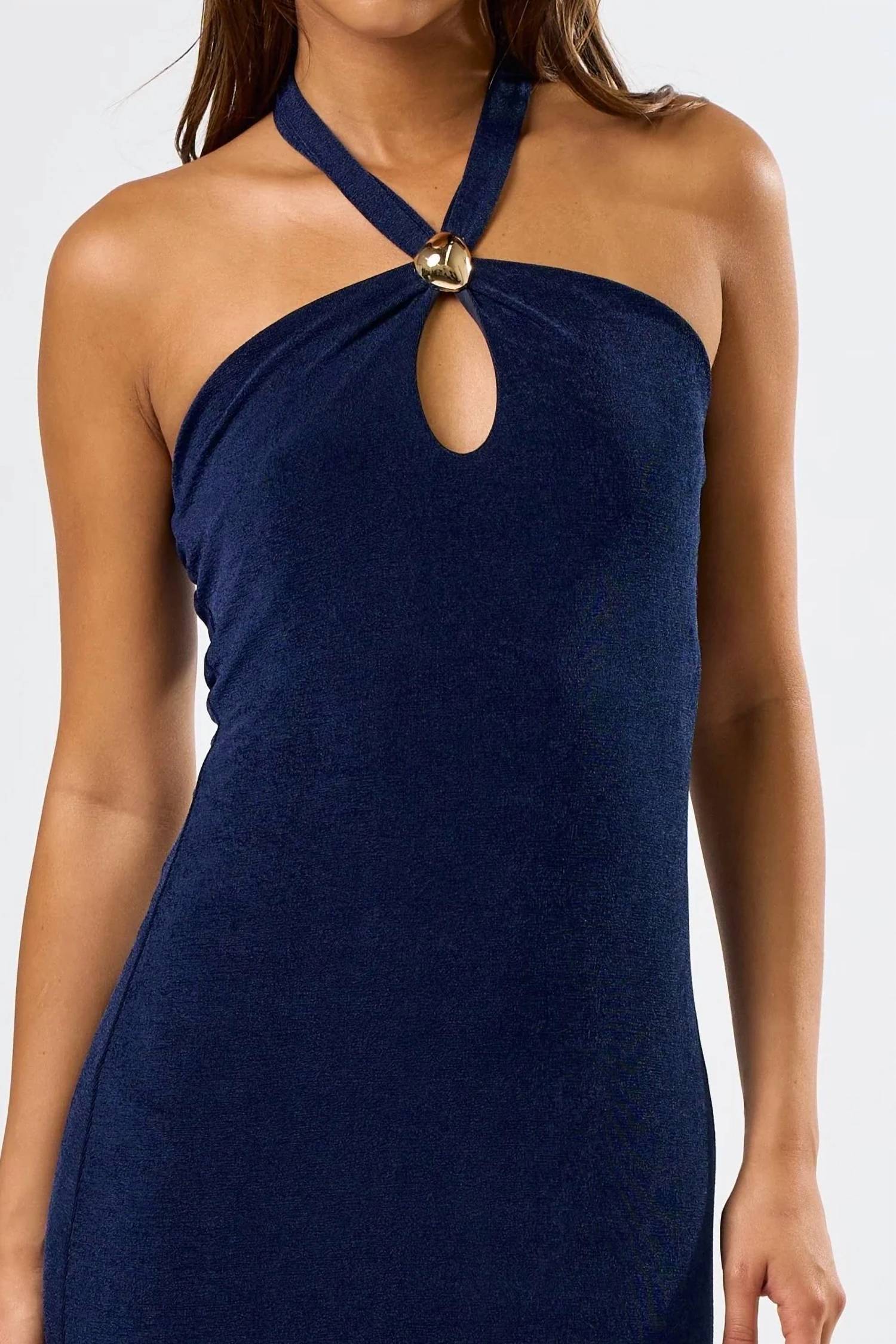 Blue Blush - Metal Trim Halter Maxi Dress