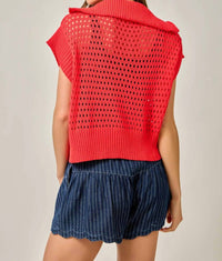 Mystree - Fishnet Zip-up Short Sleeve Sweater