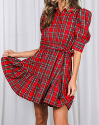 Vine & Love Plaid Short Puff Sleeve Mini Dress in red - women's dress - alternate view