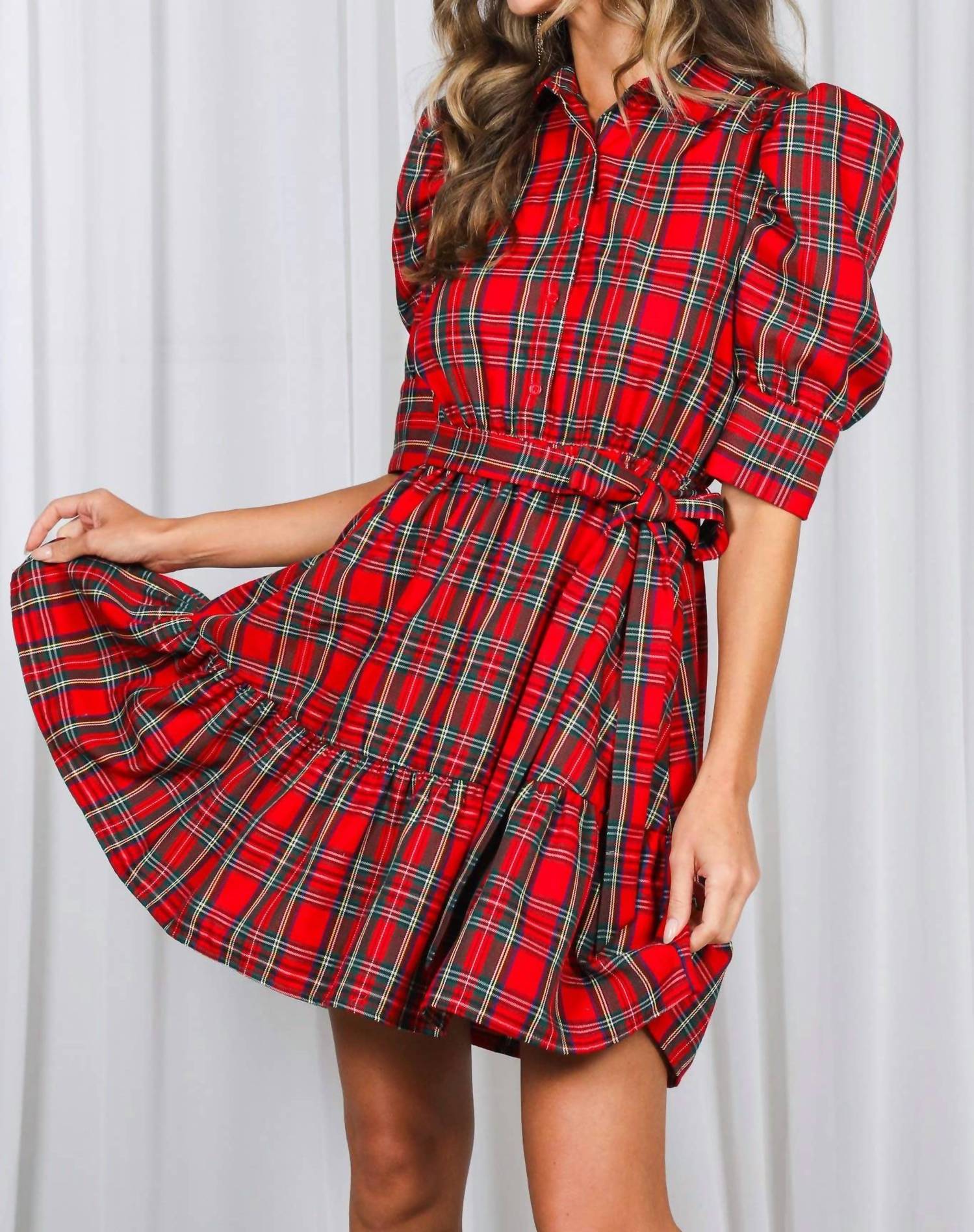 Vine & Love Plaid Short Puff Sleeve Mini Dress in red - women's dress - alternate view