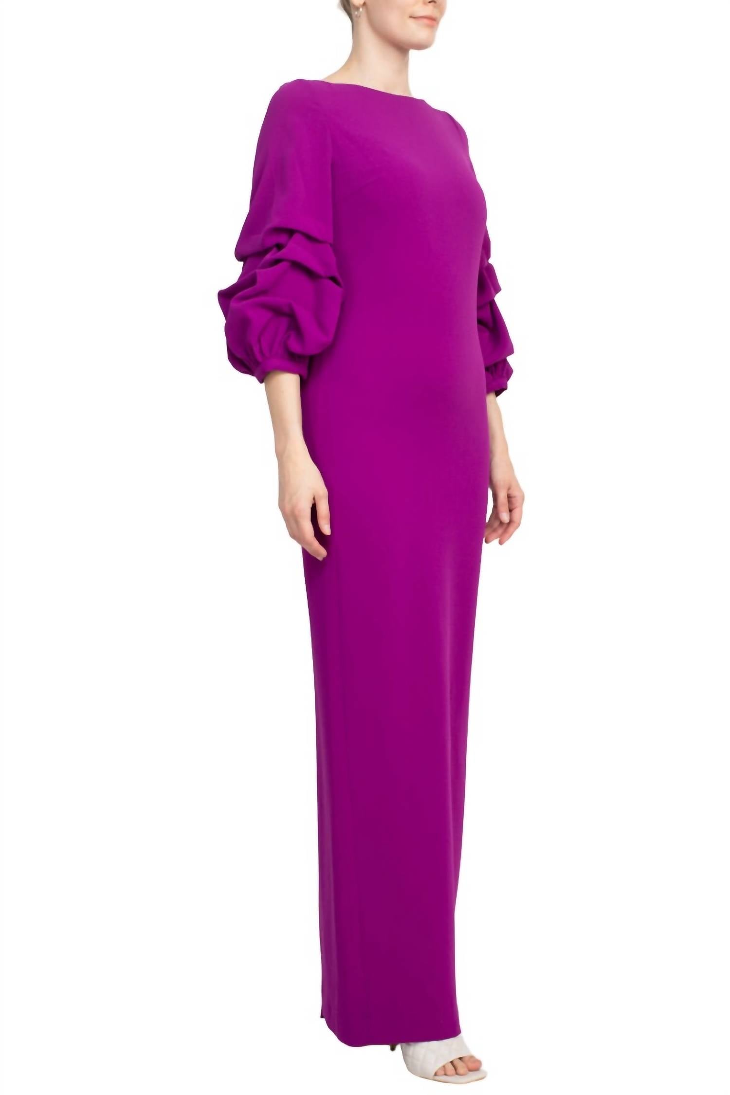 Alberto Makali - Boat Neck Gathered 3/4 Sleeve Slit Back Scuba Dress