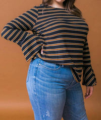 Flying Tomato - Stripe Ruffle Sleeve Top - Plus