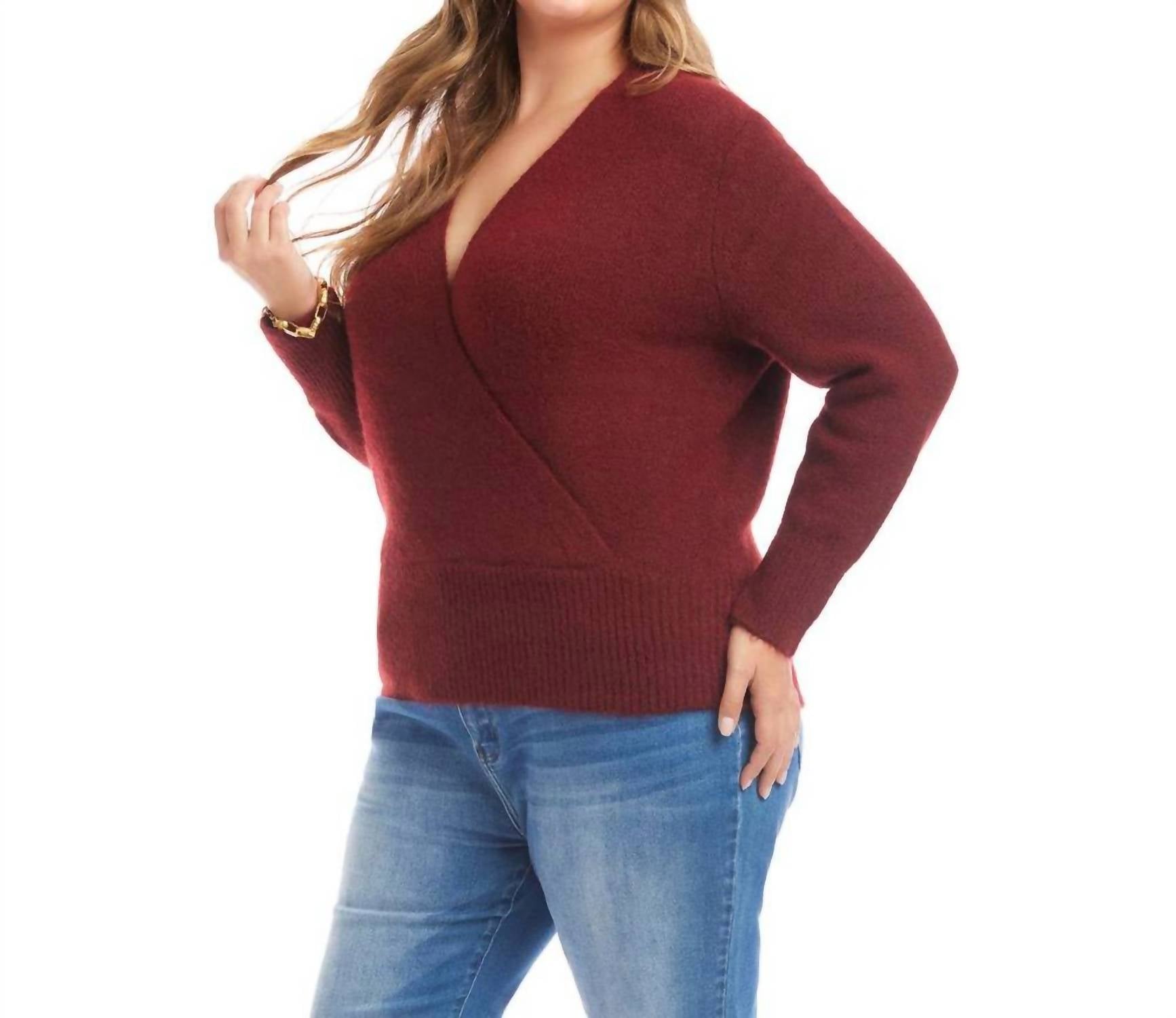 Karen Kane Wrap Sweater - Plus in wine - women's sweater - detail view