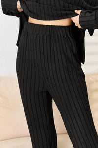 Basic Bae - Full Size Ribbed Drawstring Hooded Top And Straight Pants Set
