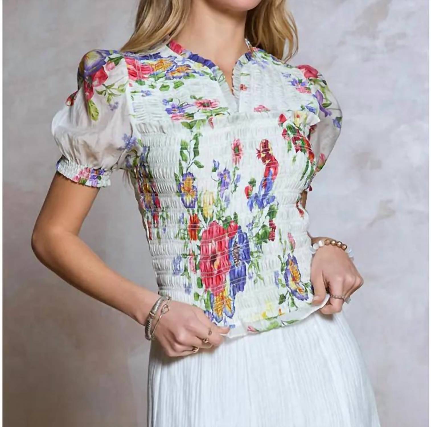 Current Air - Floral Print Split Neck Top