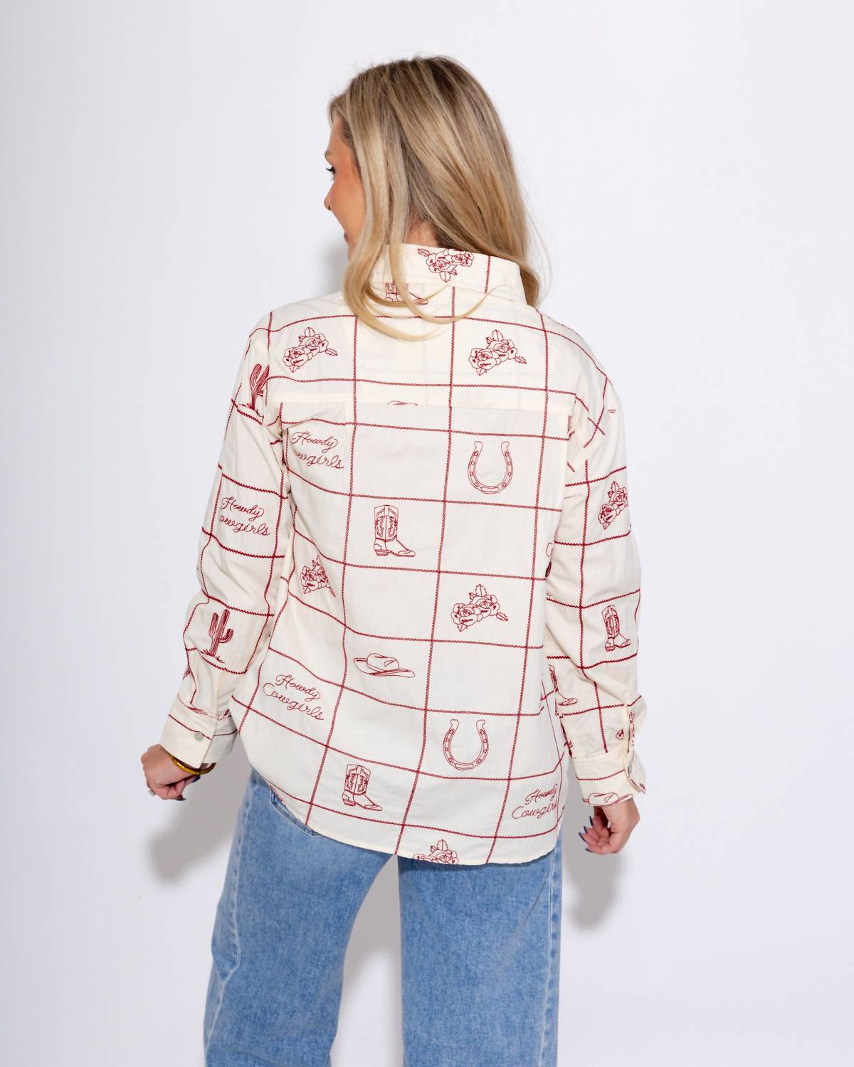 ee:some Embroidered Western Grid Button Up Top in cream - women's blouse - alternate view