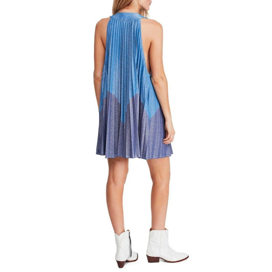 Free People - Pleated Metallic Mini Blue Dress