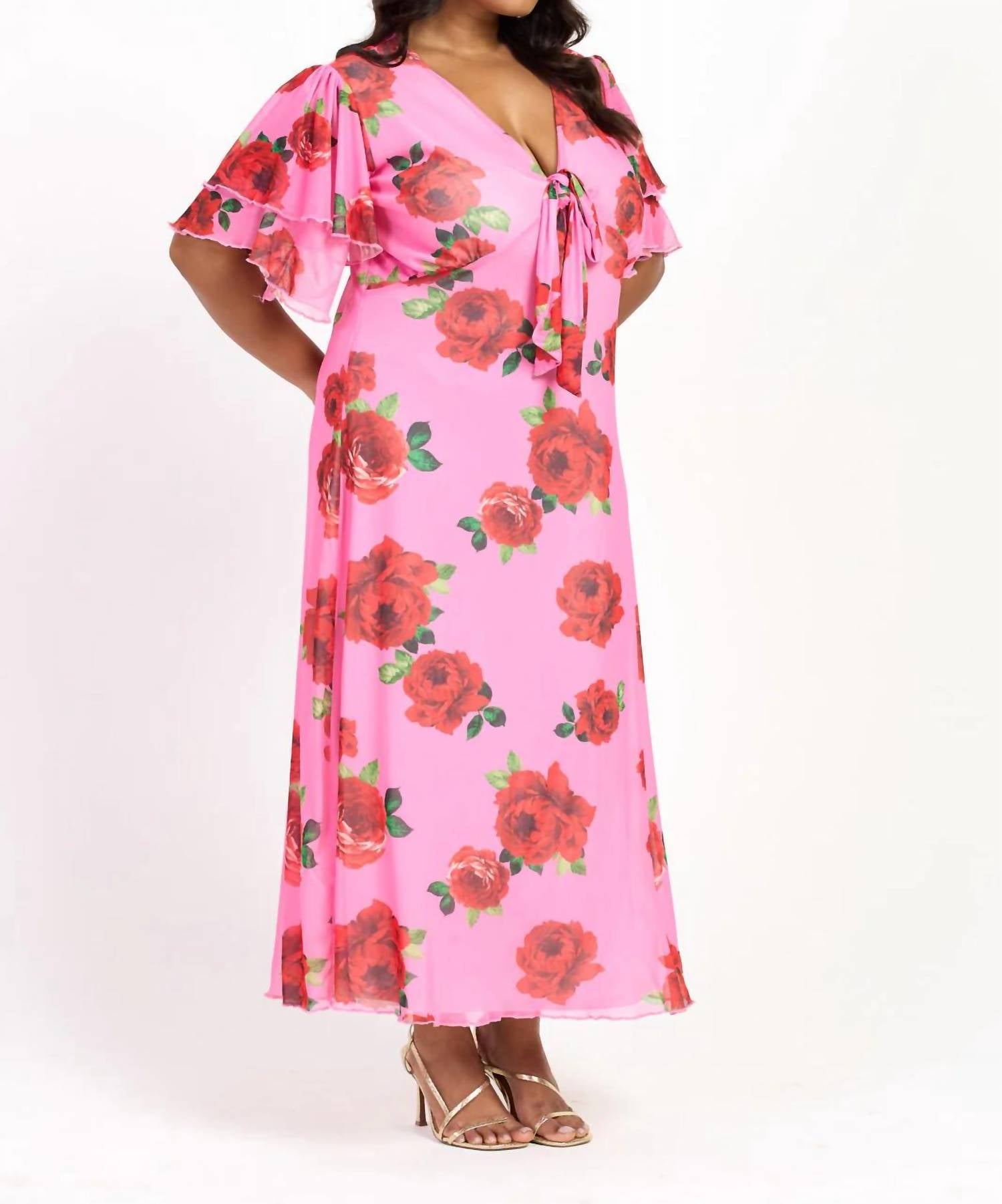 Fashion Szn Curve - Flutter Sleeve Tie Front Midi Dress