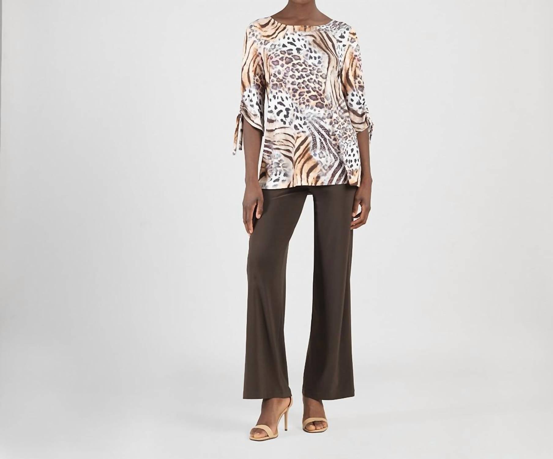 Clara Sun Woo Butter Knit Pull Tie Cuff Tunic Top in cheetah stripe - women's shirt