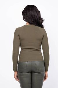 L'Agence Gretchen Button Pullover Sweater in deep olive gold - women's sweater - detail view