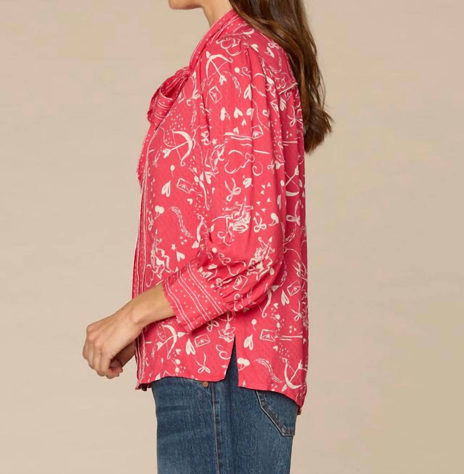 Democracy Scallop Edge Tipping Woven Shirt in cherry ivory - women's blouse - detail view