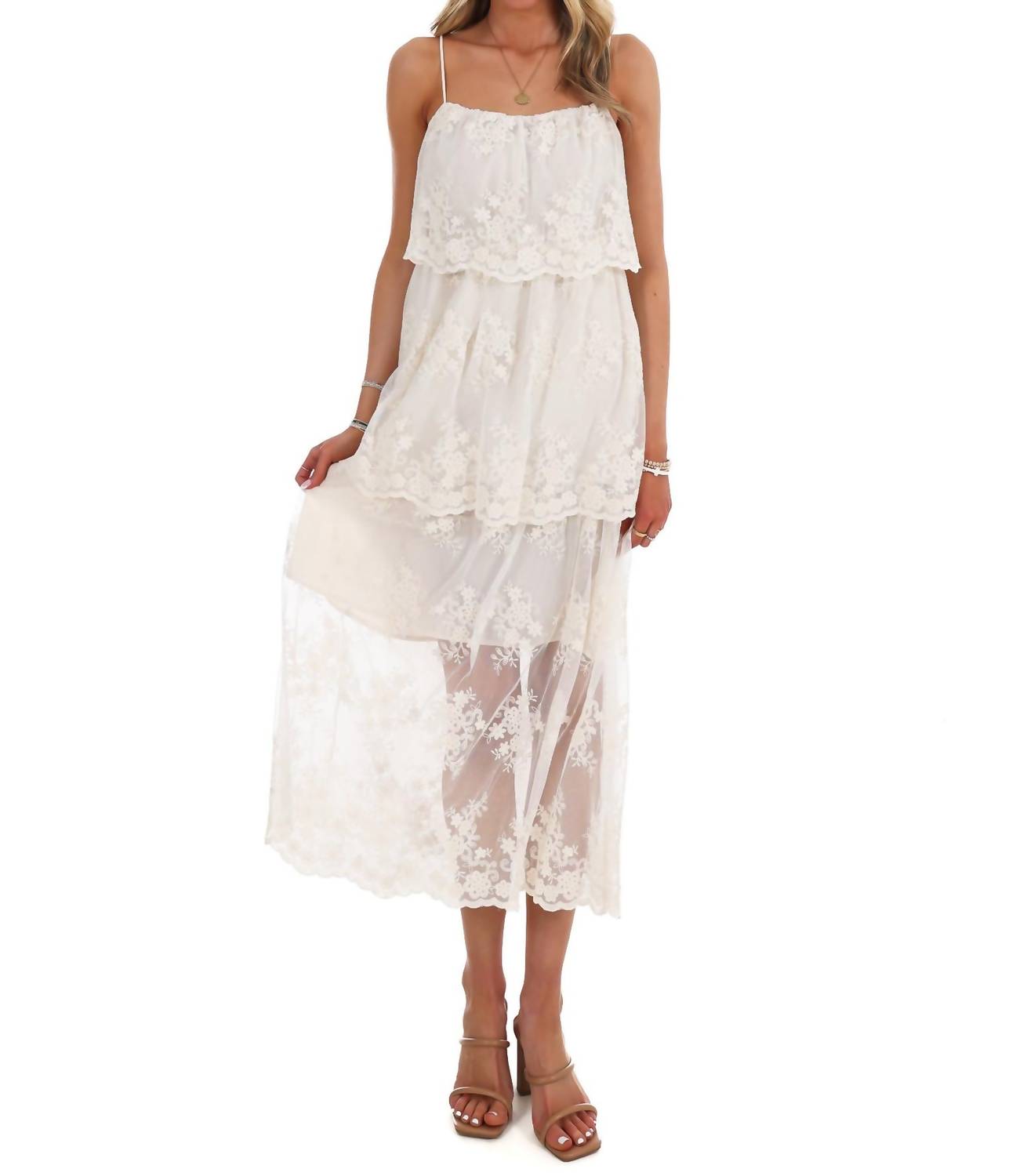 Storia - Heirloom Floral Tiered Lace Midi Dress