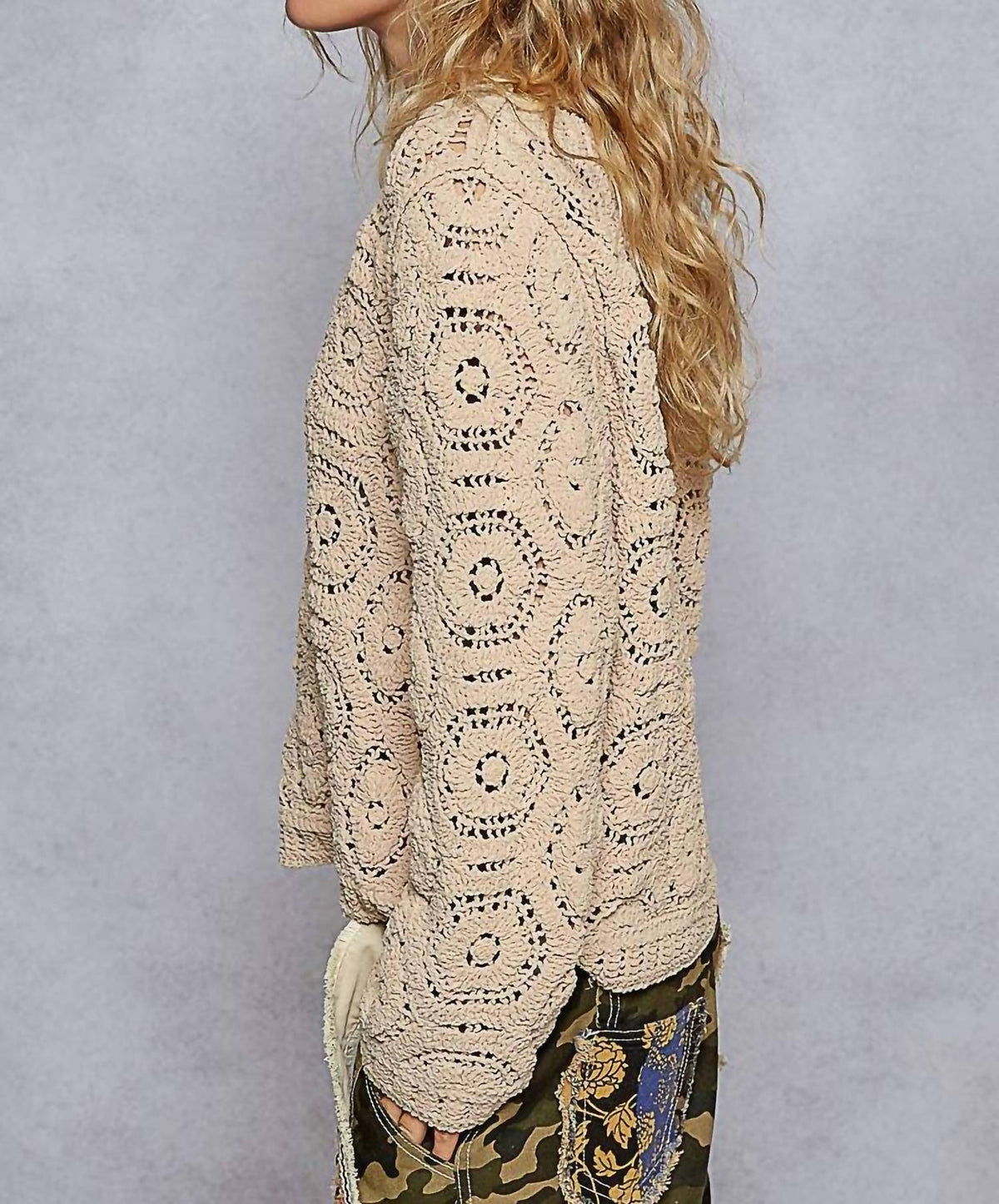 Pol - Round Neck Open Knit Crochet Sweater