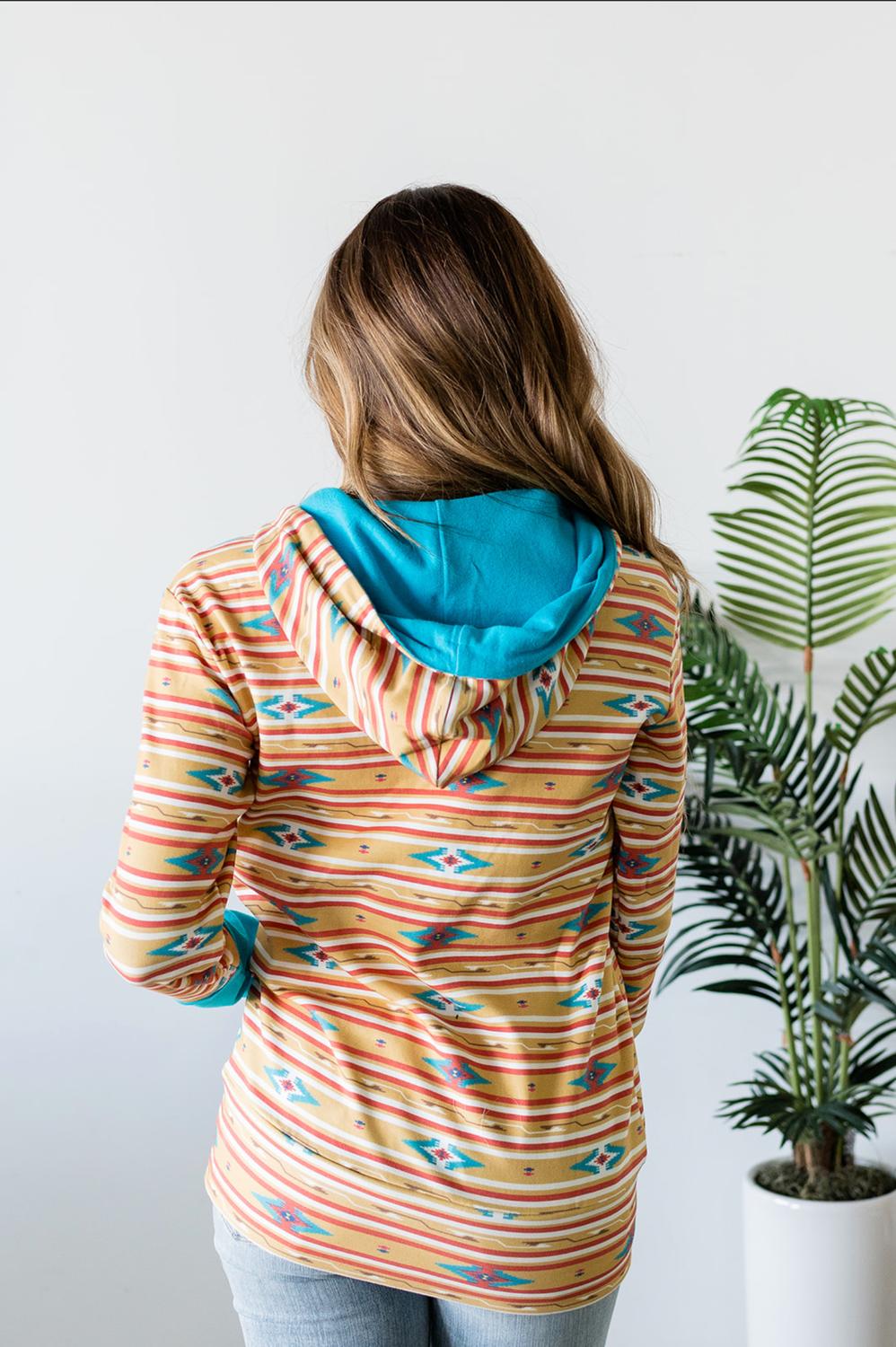 AMPERSAND AVE South-West Sunrise Half Zip Sweatshirt in mustard aztec - women's top - detail view